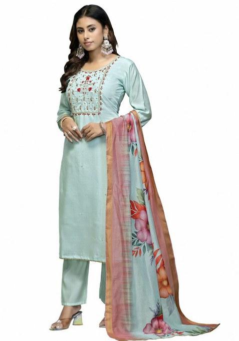 Sea Green Embroidered Cotton Blend Kurta Set