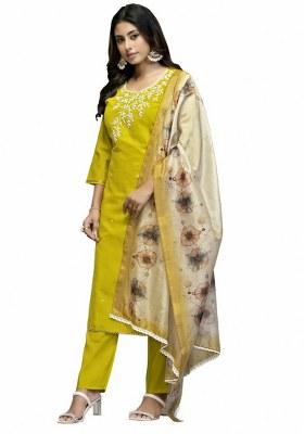 Light Green Embroidered Cotton Blend Kurta Set