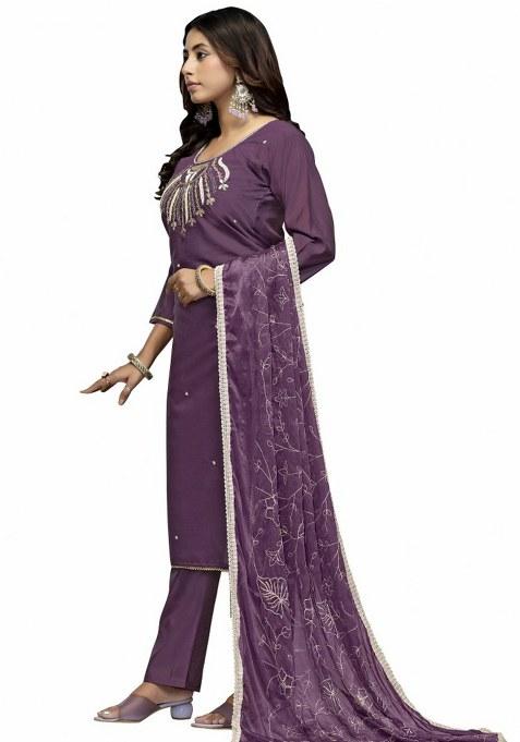 Purple Embroidered Cotton Blend Kurta Set
