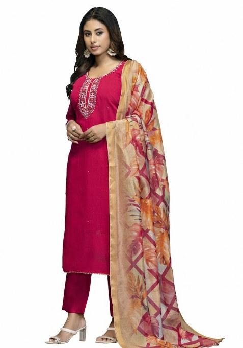 Pink Embroidered Cotton Blend Kurta Set