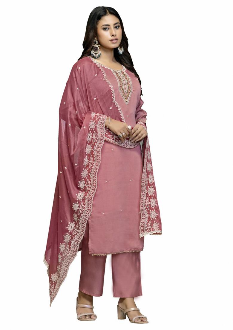 Baby Pink Embroidered Cotton Blend Kurta Set - Indya