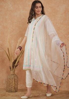 White Embroidered Cotton Blend Kurta Set