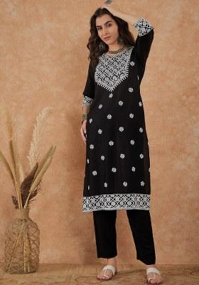 Black Embroidered Cotton Blend Kurta Set