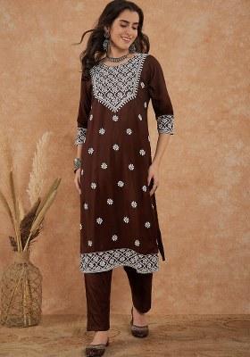 Brown Embroidered Cotton Blend Kurta Set