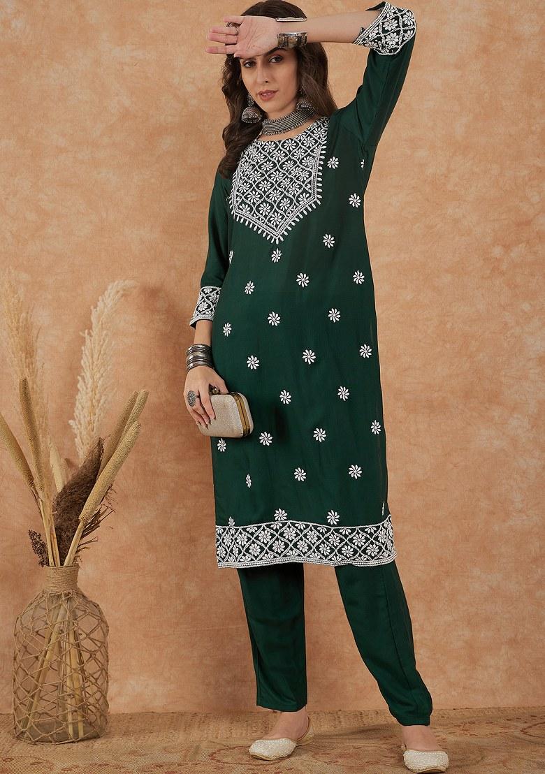Green Embroidered Cotton Blend Kurta Set