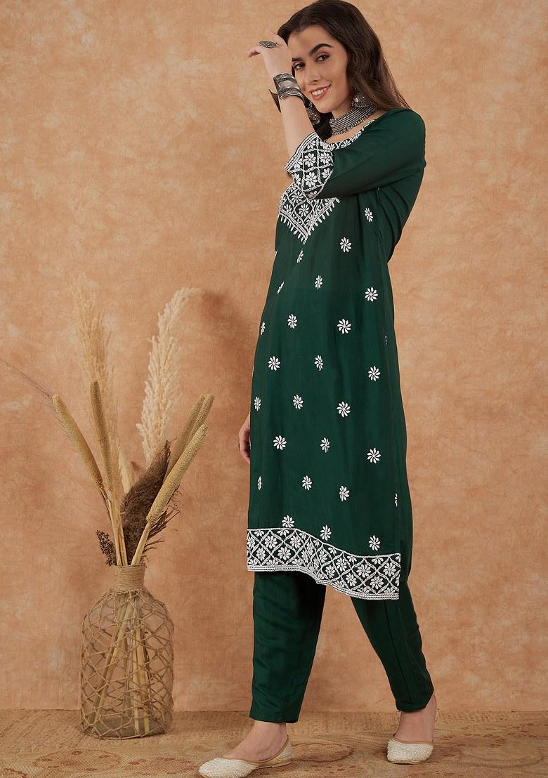 Green Embroidered Cotton Blend Kurta Set