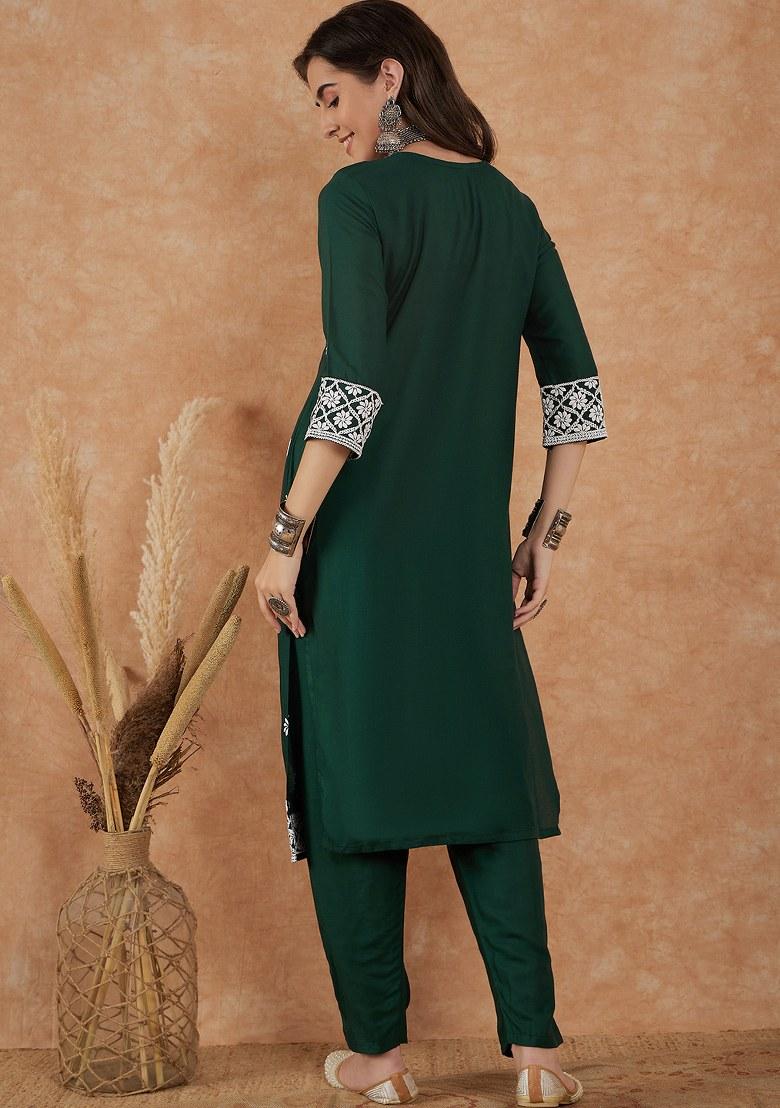 Green Embroidered Cotton Blend Kurta Set