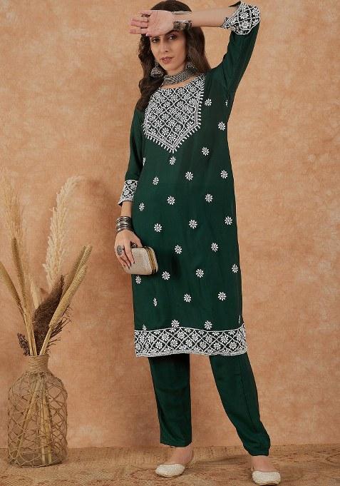 Green Embroidered Cotton Blend Kurta Set