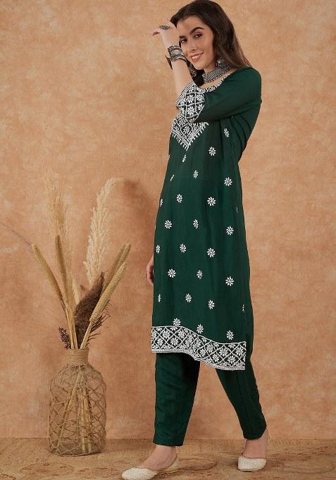 Green Embroidered Cotton Blend Kurta Set