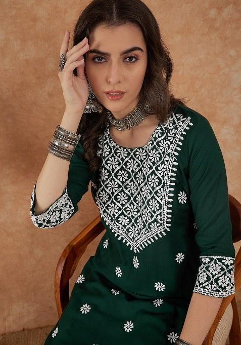 Green Embroidered Cotton Blend Kurta Set
