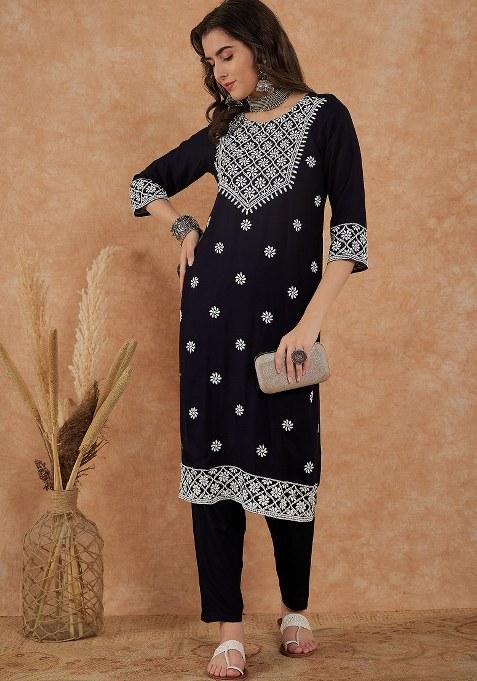 Navy Blue Embroidered Cotton Blend Kurta Set