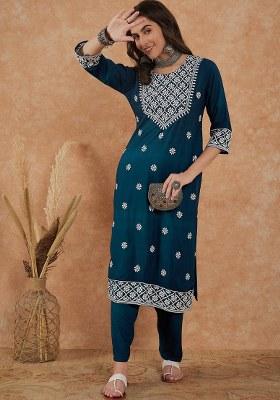 Teal Embroidered Cotton Blend Kurta Set