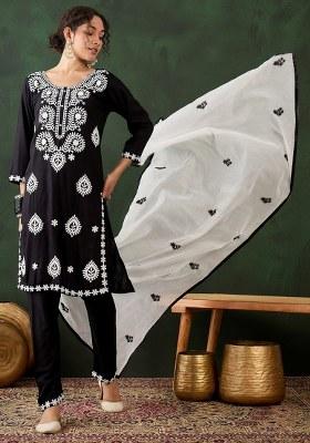 Black Embroidered Cotton Blend Kurta Set