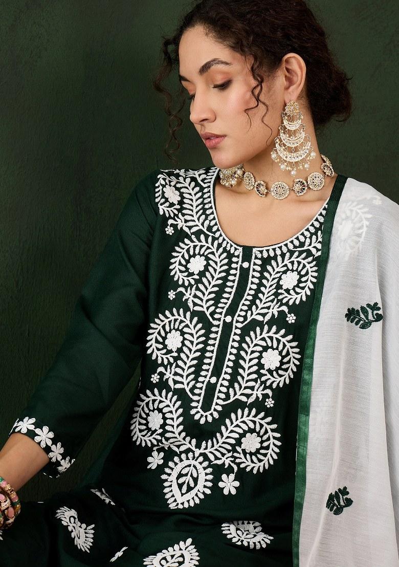 Green Embroidered Cotton Blend Kurta Set - Indya