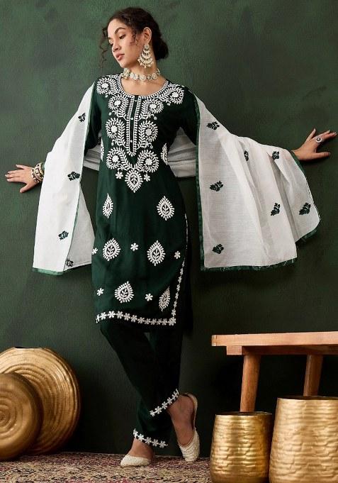 Green Embroidered Cotton Blend Kurta Set