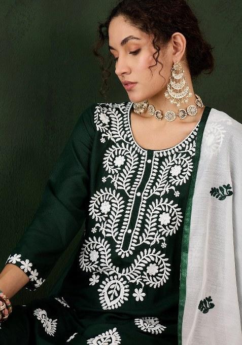 Green Embroidered Cotton Blend Kurta Set