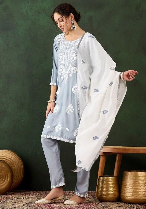 Grey Embroidered Cotton Blend Kurta Set