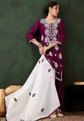 Magenta Embroidered Cotton Blend Kurta Set