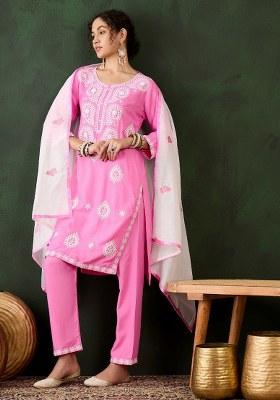 Pink Embroidered Cotton Blend Kurta Set