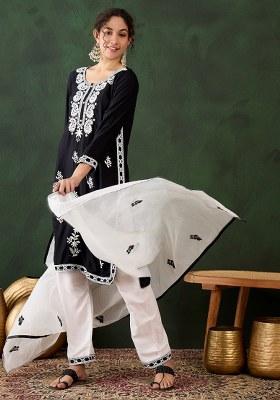 Black Embroidered Cotton Blend Kurta Set