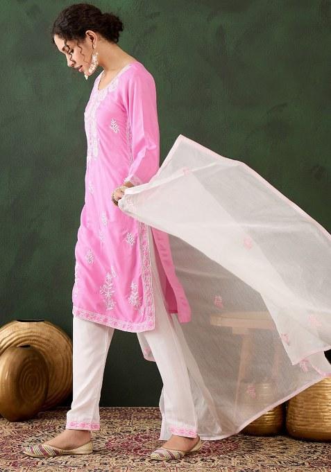 Pink Embroidered Cotton Blend Kurta Set