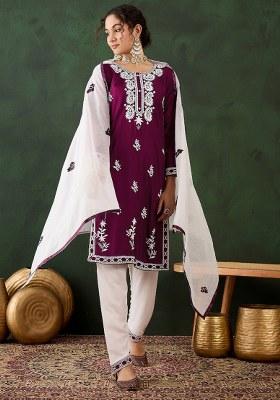Purple Embroidered Cotton Blend Kurta Set