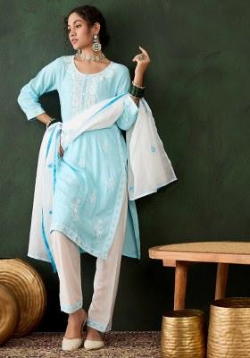 Sky Blue Embroidered Cotton Blend Kurta Set