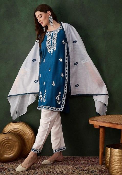 Teal Embroidered Cotton Blend Kurta Set