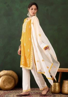 Yellow Embroidered Cotton Blend Kurta Set