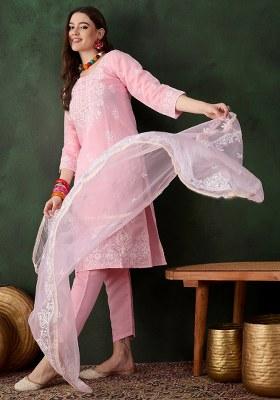 Baby Pink Embroidered Cotton Blend Kurta Set