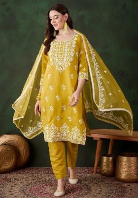 Mustard Embroidered Cotton Blend Kurta Set