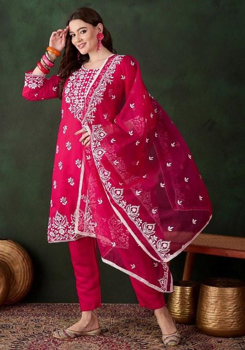 Pink Embroidered Cotton Blend Kurta Set