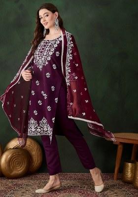 Purple Embroidered Cotton Blend Kurta Set