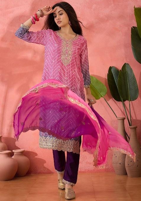 Lavender Embroidered Chinon Kurta Set