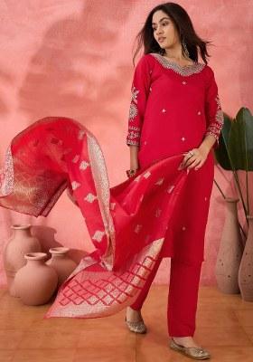 Pink Embroidered Silk Kurta Set