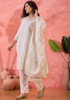 White Embroidered Silk Kurta Set