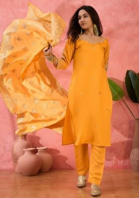 Yellow Embroidered Silk Kurta Set