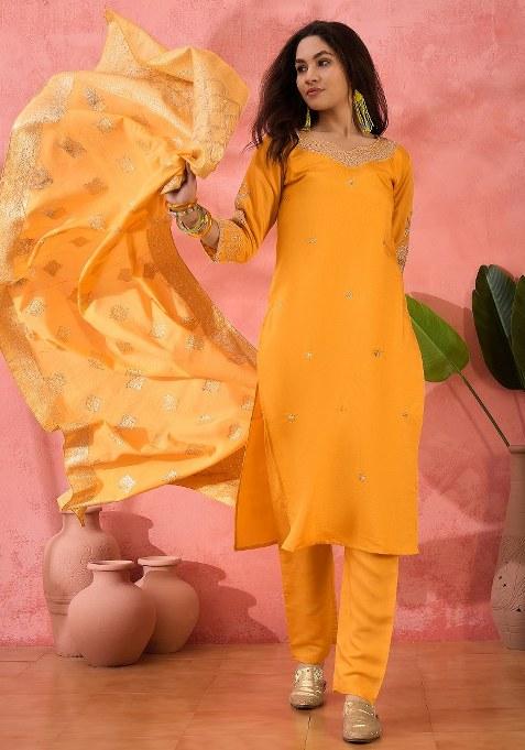 Yellow Embroidered Silk Kurta Set