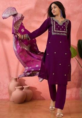Purple Embroidered Silk Kurta Set