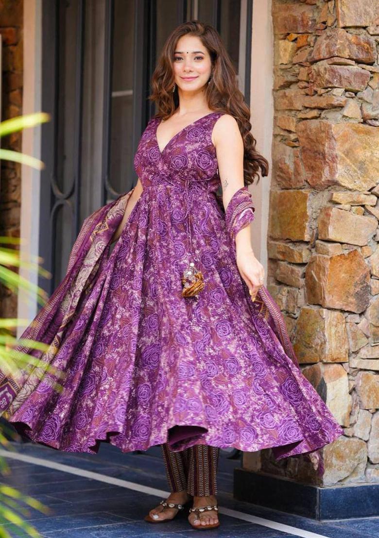 Purple Printed Cotton Kurta Set - Indya