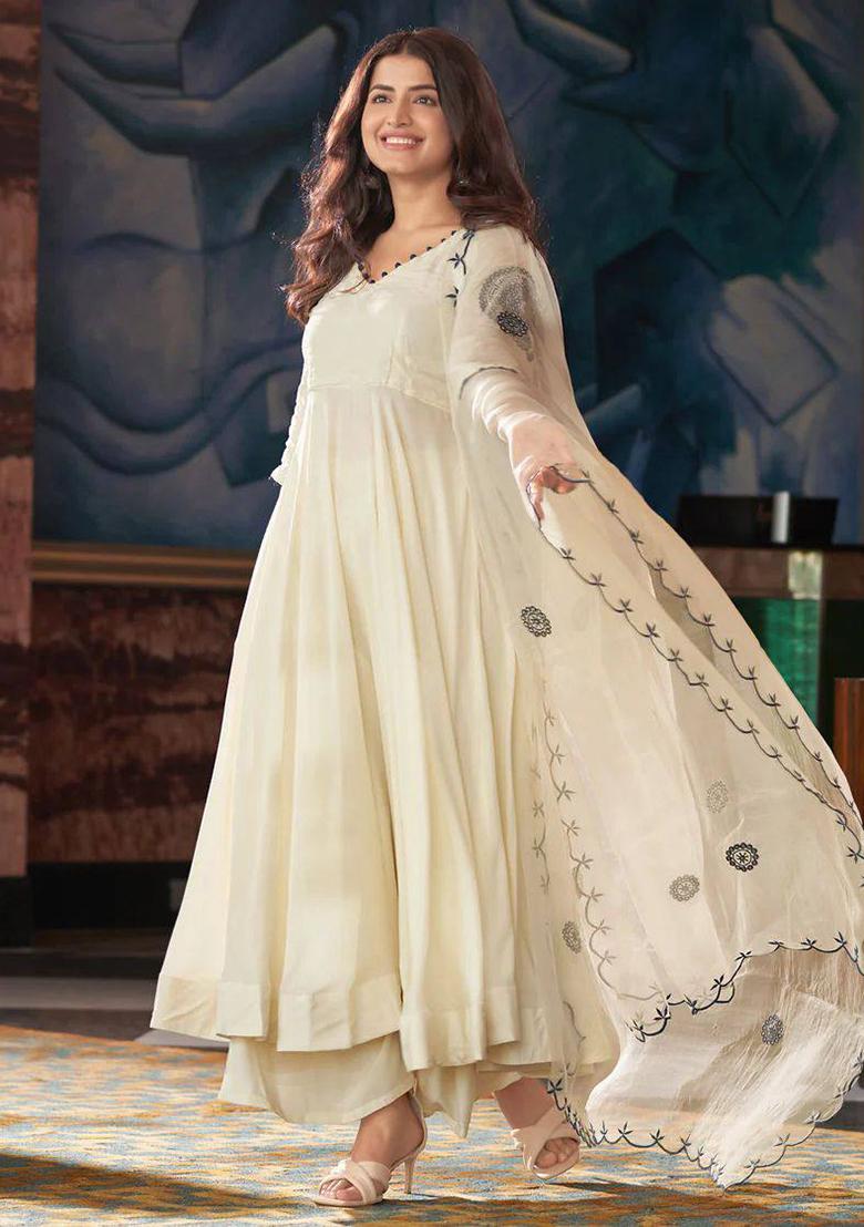 White Embroidered Georgette Kurta Set - Indya