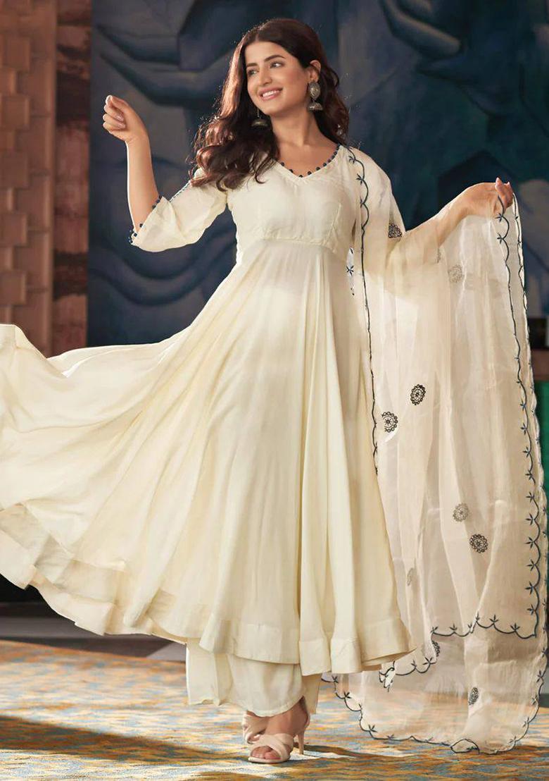 White Embroidered Georgette Kurta Set - Indya