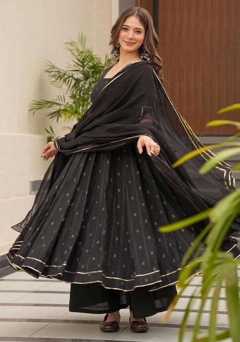 Black Printed Blended Kurta Set - Indya