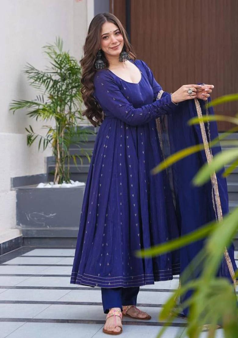 Blue Printed Blended Kurta Set - Indya