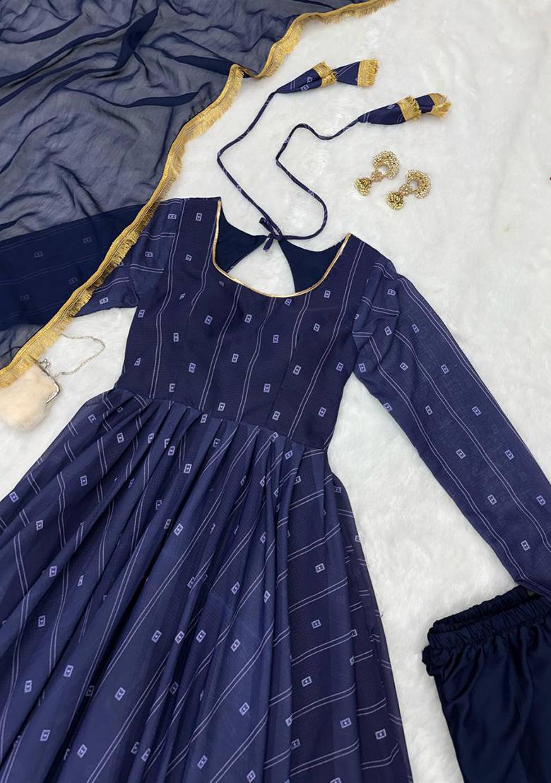 Blue Printed Blended Kurta Set - Indya