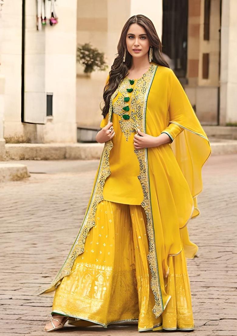 Yellow Embroidered Silk Kurta Set - Indya