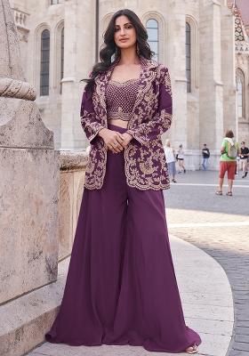 Purple Embroidered Silk Kurta Set
