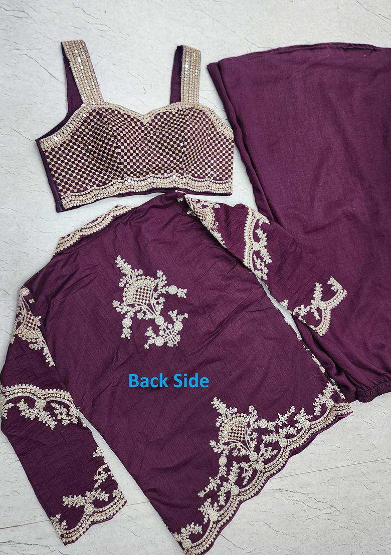 Purple Embroidered Silk Kurta Set - Indya