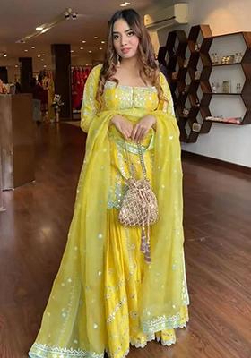 Yellow Embroidered Georgette Kurta Sharara Set
