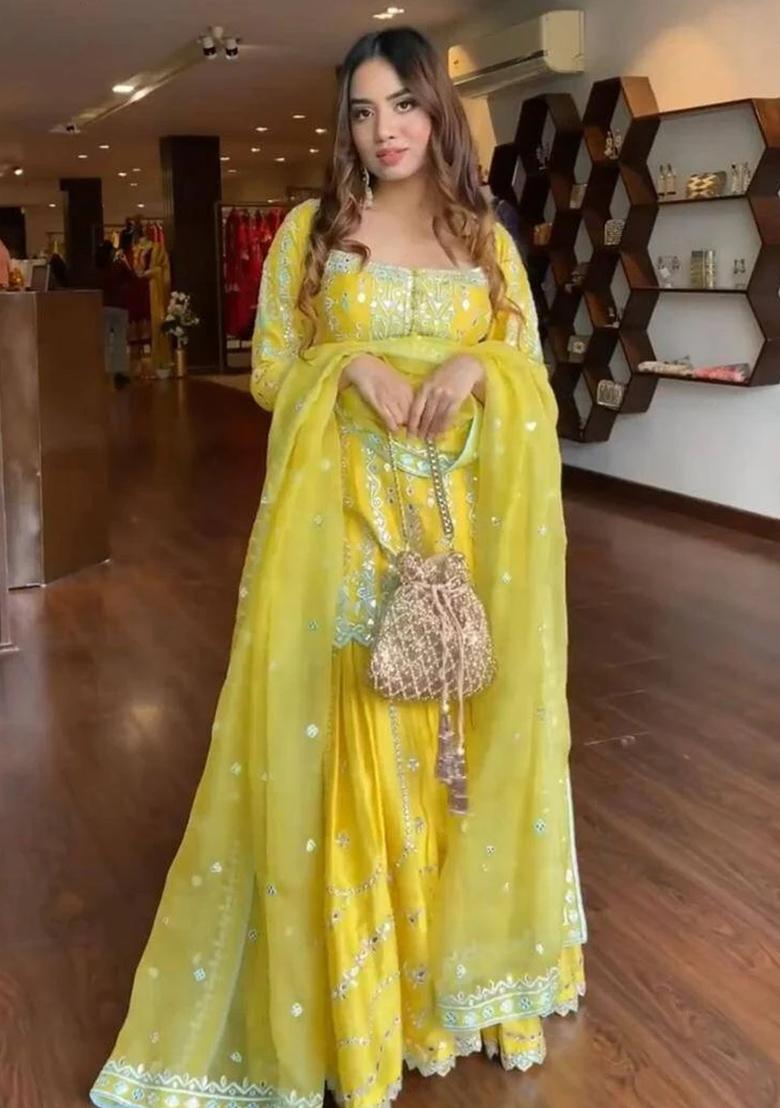 Yellow Embroidered Georgette Kurta Sharara Set